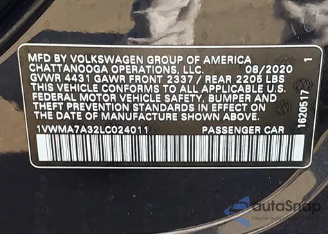 2020 Volkswagen Passat 2.0T R-Line z USA, uszkodzony, nr VIN 1VWMA7A32LC024011